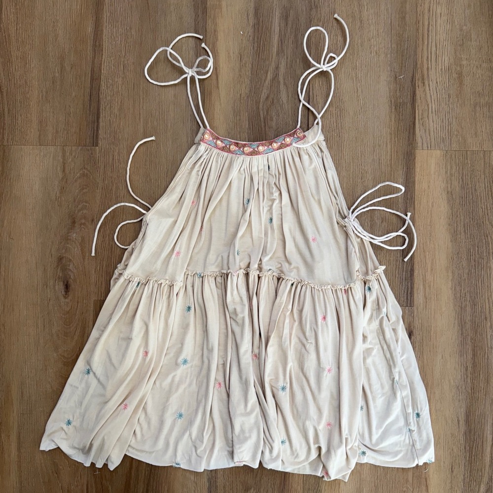 POL Boho Embroidered Tiered Babydoll Tank Top Beige Large Indie hippie - Picture 4 of 7